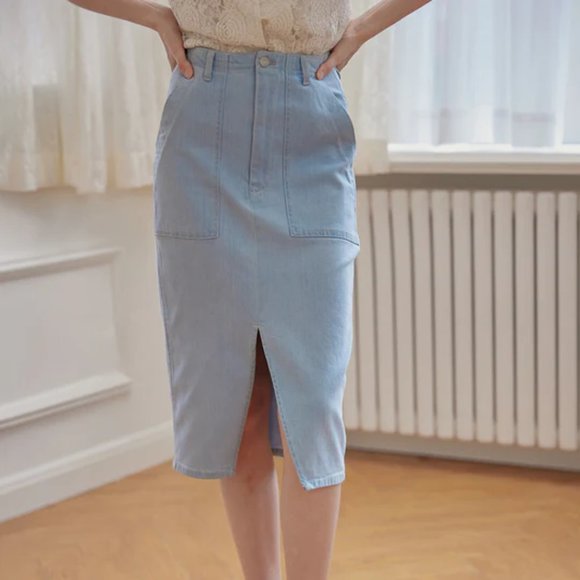 Simple Retro Joe High-waisted Blue Denim Skirt - Picture 2 of 8